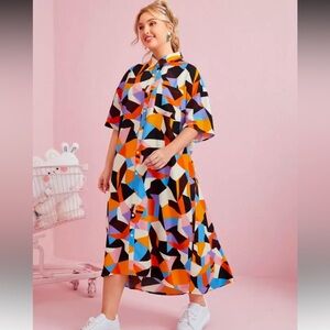 SHEIN Orange and Blue Polo Collar High Low Sundress